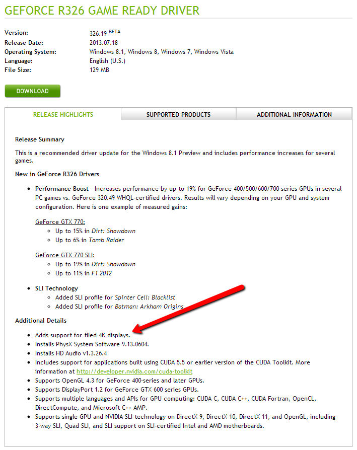 NVIDIA Releases 326.19 Beta Driver, Adds Support for 4K Tiled Displays!